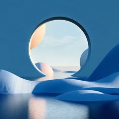 an image of a round window in the middle of water with blue waves around it