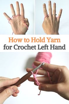 the hands are holding yarn and crochet hooks to hold yarn in place