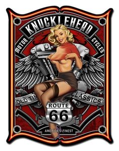 Knucklehead Pinup Girl Metal Sign 18 x 24 Inches Steve Mcdonald, Knuckle Head, Motorcycle Tattoos, Biker Art, Garage Art, Vintage Wall Clock, Motorcycle Women