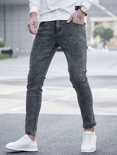 Grey  Collar  Denim Plain Skinny Embellished High Stretch  Men Denim Grey