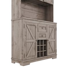 a large wooden cabinet with sliding doors on the front and side, open to reveal a wine rack