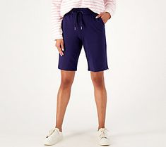 A must-have for your off-duty wardrobe, these Bermuda shorts exude laid-back, casual style. From Denim & Co.® Fashions. Bermuda Bottoms For Spring Leisure, Spring Bermuda Leisure Bottoms, Leisure Bermuda Bottoms For Spring, Casual Bermuda Leisure Bottoms, Casual Stretch Jean Shorts With Short Legs, Casual Stretch Jean Shorts, Casual Bermuda Shorts With Elastic Waistband, Casual Knee-length Spring Bottoms, Casual Stretch Bermuda Shorts With Elastic Waistband