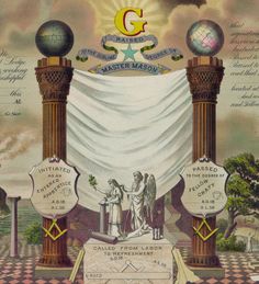 an old postcard depicting the emblem for greater masters master mason, with two men standing in front of it