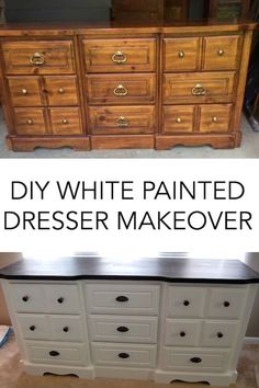 an old dresser has been painted white and is being used as a makeover for it's drawers