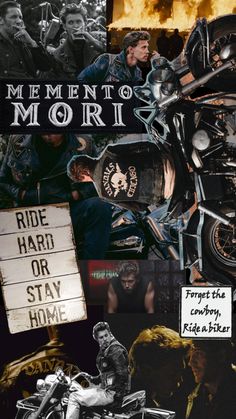 a collage of motorcycle related images with words written on the front and side panels