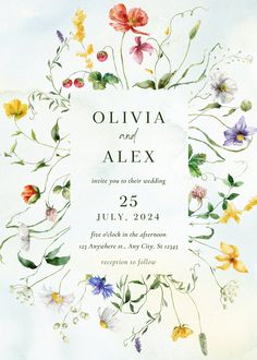 a wedding card with watercolor flowers on it