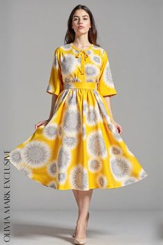 Sunburst Elegance: Vibrant Yellow Midi Dress with Flare Sleeve and Tie Waist Yellow Midi Dress, Floral Midi Dress, Flared Sleeves, Mustard Yellow, Floral Dress, Midi Dress, Yellow, Floral