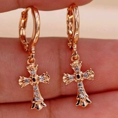 18k Gold Filled-Vogue Flower Cross Clear Zircon Earrings, Brand New No Tags Elegant Gold Cross Hoop Earrings, Elegant Cross Hoop Earrings Gift, Elegant Hypoallergenic Cross-shaped Earrings, Elegant Hypoallergenic Cross Earrings, Gold Cross Earrings, Flower Cross, Zircon Earrings, Cross Earrings, Pretty Jewelry