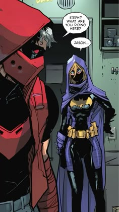 the batman and catwoman are talking to each other in front of an open door