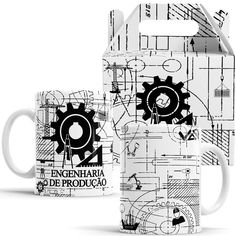 two coffee mugs with designs on them, one in white and the other in black