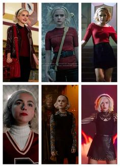 four different images of women in red and black outfits, one with blonde hair the other with blue eyes