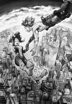 a black and white drawing of two people floating in the air over a cityscape