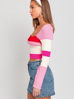 Add a touch of attitude to your wardrobe with our Pink Attitude Long Sleeve Color Stripe Stripe Knit Top! Made from soft knit fabric, this top boasts a modern color block design with contrasting stripes for a chic and trendy look. Color: Pink Attitude Fabric: 55% Rayon, 45% Nylon Includes: x1 Top Sizes: XS-L, Regular Sizing Length: 16" - 17.5" Model is 5'8" and wearing a size small (32-24-34) Pink Relaxed Fit Top With Vertical Stripes, Pink Textured Knit Long Sleeve Top, Pink V-neck Color Block Top, Playful Striped Long Sleeve Top, Vacation Swimwear, Pink Textured Knit Long-sleeve Top, Belt Purse, Knit Crop, Knit Crop Top