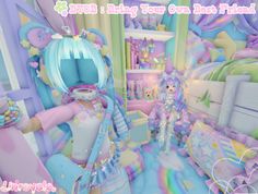 an animated image of a bedroom with pastel colors and decorations on the bedding