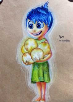 a drawing of a boy with blue hair holding a yellow ball in his hands and smiling