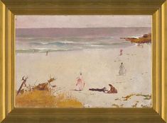 a painting of people on the beach with waves in the water and one person laying down