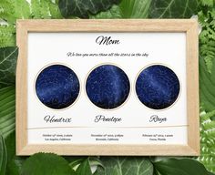 three blue moon phases in a wooden frame on top of some green leaves with the words mom above them