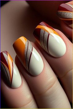 Get ready to shine with the hottest August nails! From trendy summer nail art to playful back-to-school styles, our collection has it all. Explore funky acrylic designs perfect for beach days or nights out at parties. Embrace the vibrant colors and bold patterns to express your unique style all summer long. Stripy Nails Nailart, 60s Nail Art, White And Orange Nails, Funky Fall Nails, Thanksgiving Fall Nails, Orange Nails Design, Dc Nails, Striped Nail Designs, School Nail Art