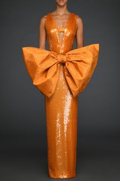 Orange sequins dress with taffeta moiré oversized bow - HerTrove Sparkle Ball, Formal Dresses With Sleeves, Orange Bows, Sequins Dress, Orange Tones, Midi Dress Style, Sequin Maxi Dress, Bow Dress, Orange Fashion