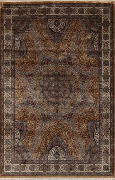 an intricately designed area rug in brown, beige and blue colors with medallions