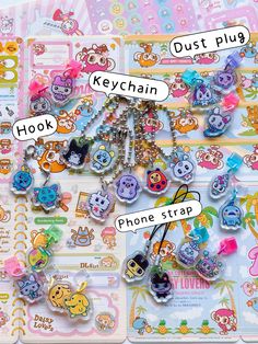 various keychains are displayed on top of each other with different words above them