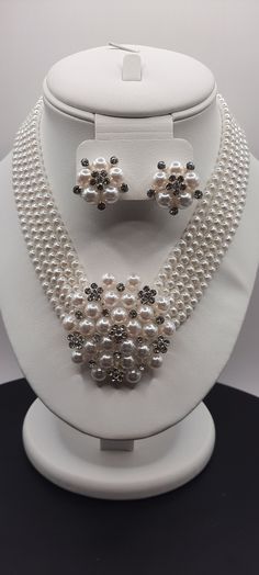 Rhinestone and Faux Pearl Multi Strand Necklace and Clip-on Earrings Fashion Jewelry Diamond Jewelry Designs, White Necklace, White Jewelry, Multi Strand Necklace, Jewellery Sets, Strand Necklace, Multi Strand, Jewelry Designs, Fashion Earrings