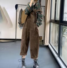 Over Sized Overalls, Outfits With Corduroy Overalls, Brown Velvet Overalls, How To Style Brown Overalls, How To Style Suspenders, Overalls Outfit Goblincore, Brown Corduroy Overalls, Earthy Grunge Outfits Vintage, Dark Academia Overalls