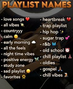 the words playlist names are written in different colors and shapes, with hearts on them