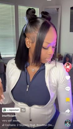 Ways To Style Your Silk Press, Baddie Relaxed Hairstyles, Straight Hairstyles On Natural Hair, Natural Hairstyles On Straight Hair, Cute Hairstyles For A Bob, Two Bangs With Ponytail, Hairstyles For Black Women Natural Straight Hair, Cute Silk Press Natural Hair Styles, 2 Bangs With Bun