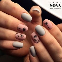 simple Matte pink and grey with black flower nail art Palm Nails, Metallic Nails, Flower Nail Art, Manicure E Pedicure, Flower Nails, Perfect Nails, Love Nails