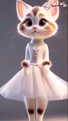 a cat in a white dress with pink flowers on it's head and ears