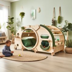 a child playing with a wooden bunk bed in a room filled with potted plants