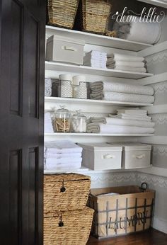 How to Add Storage in a Linen Closet Where To Store Mop Bucket, Kon Mari, Linen Closet Makeover, Ideas Armario, Airbnb Apartment, House Finishes, Linen Closet Storage