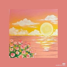 a painting of the sun setting over water with pink flowers in foreground and clouds in the background