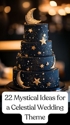 Stunning cake featuring constellation patterns, glittering stars, and moon shapes with deep navy and gold colors. Star Cake Decorations, Navy And Gold Celestial Wedding, Stars Cake Ideas, Throne Of Glass Wedding, Celestial Wedding Cakes, Wedding Galaxy Theme, Acotar Cake Ideas, Sun And Moon Wedding Cake