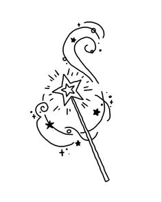 a black and white drawing of a wand with stars