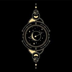 a black and gold clock with the moon in it's center on a black background