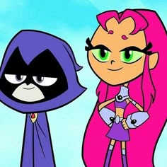 two cartoon characters one with pink hair and the other wearing purple, standing next to each other