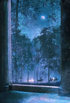 an image of a night scene with horses in the woods