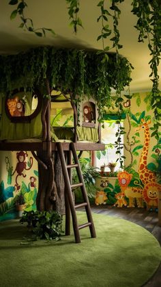 a child's bedroom with jungle themed wallpaper and bunk bed in the corner