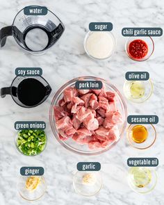 the ingredients to make this recipe include meat, seasonings, and sauces on a marble counter top