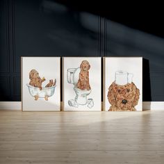 three framed pictures of teddy bears sitting on top of a wooden floor next to each other