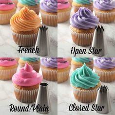 six cupcakes with different colored frosting on them and the words french, round plain, closed star