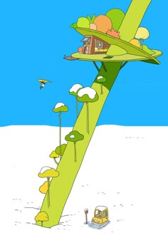 a drawing of a tree house on the side of a hill