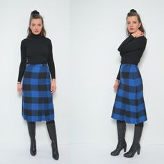 "Vintage 80s high waist plaid long wool skirt.  - Label:  n/a (made in England) - Era: 1980's  - Color: blue, black - Fabric: wool, viscose mixed fibers  - Condition: very good. Ready to wear. - Tag Size: 10 - Fits size: extra small MEASUREMENTS: Waist: 23.6\" (60 cm) elastic Hips: 36\" (92 cm)  Length: 28.7\" (73 cm)  Model is 5.7 feet (174 cm) height." High Waist Retro Winter Skirt, Retro High Waist Winter Skirt, Retro High-waist Winter Skirt, Scottish Style Plaid Winter Bottoms, Long Wool Skirt, Plaid Wool Skirt, Extra Petite, Skirt Vintage, Wool Skirt