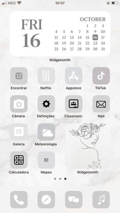 an iphone screen with the calendar on it and icons in black and white, as well as