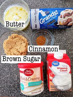 ingredients to make cinnamon brown sugar cookies on a granite countertop with text overlay