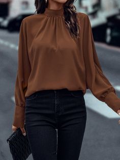 Coffee Brown Elegant Collar Long Sleeve Woven Fabric Plain Top Embellished Non-Stretch  Women Tops, Blouses & Tee Brown Mock Neck Top Outfit, Brown Blouse Outfit, Dark Brown Blouse, Batwing Sleeve Blouse, Brown Blouse, Plain Tops, Blouse Outfit, Modest Fashion Outfits, Formal Outfit