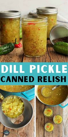 pickle canned relish in jars with spoons on the side and peppers around