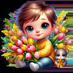 a little boy sitting on the ground with flowers and a small animal next to him